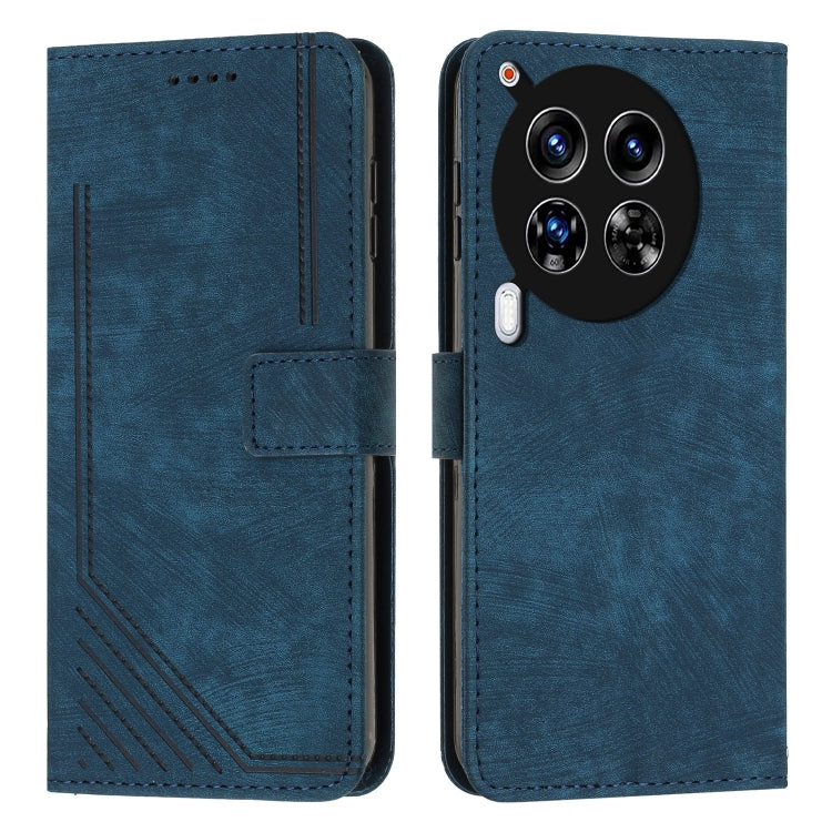 Blue leather flip phone case with stripe pattern and camera cutout, stitched edges.