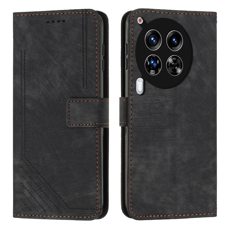 Black leather flip phone case with stripe pattern, card slot, and camera cutout