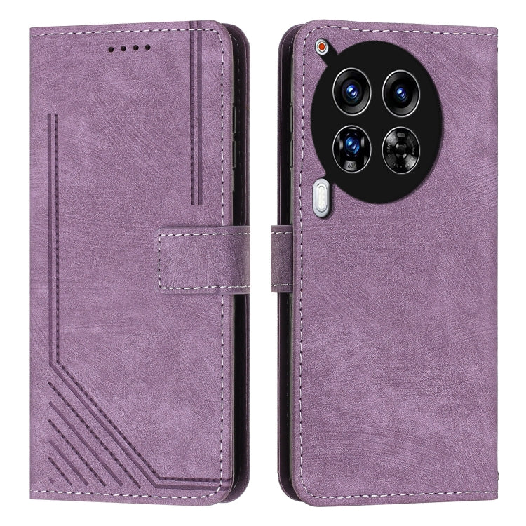 Purple leather flip phone case with stripe pattern, card slot, and camera cutout