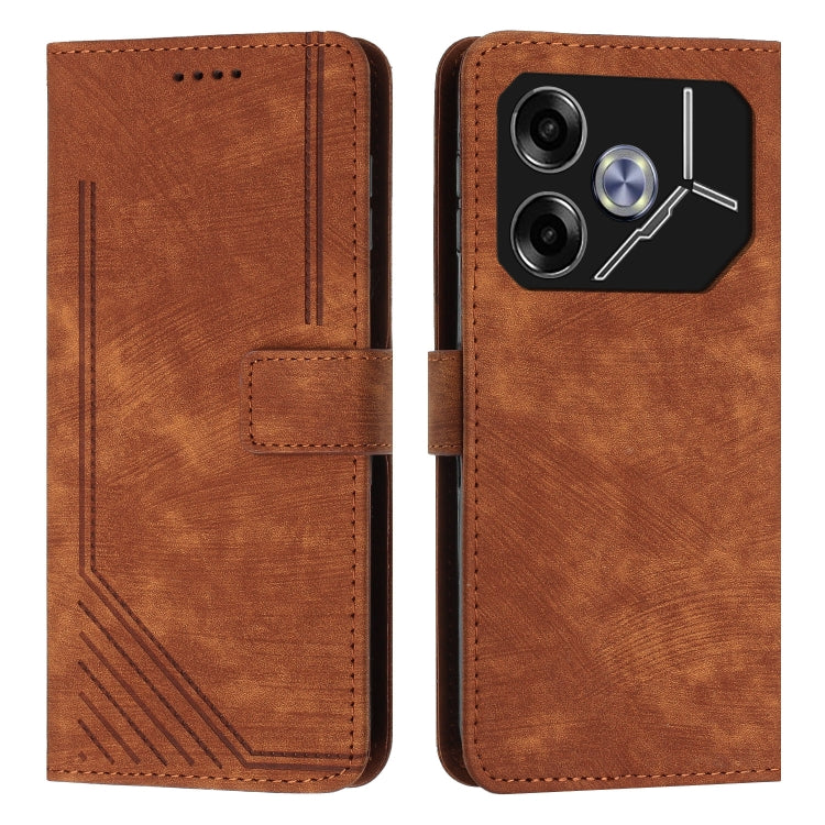 Brown leather flip phone case with stripe pattern, card slot, and camera cutout