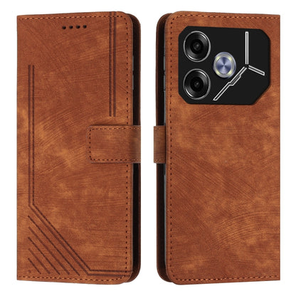Brown leather flip phone case with stripe pattern, card slot, and camera cutout