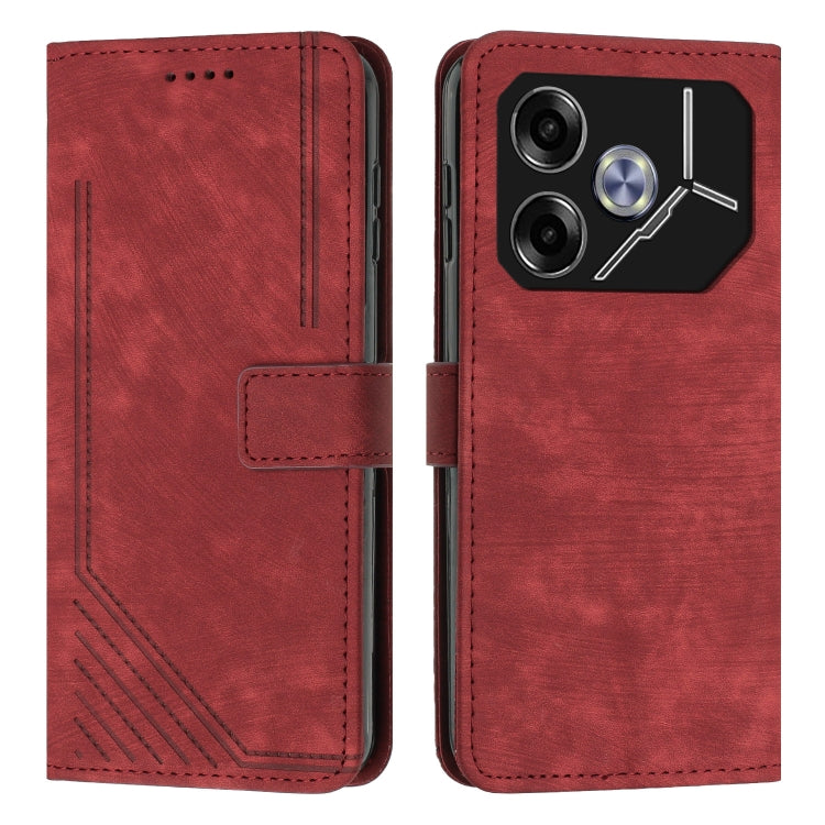 Red leather flip phone case with stripe pattern, card slot, and camera cutout