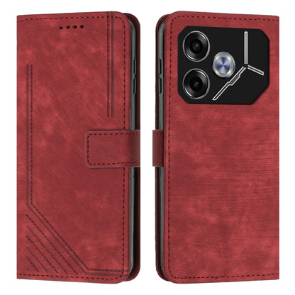 Red leather flip phone case with stripe pattern, card slot, and camera cutout