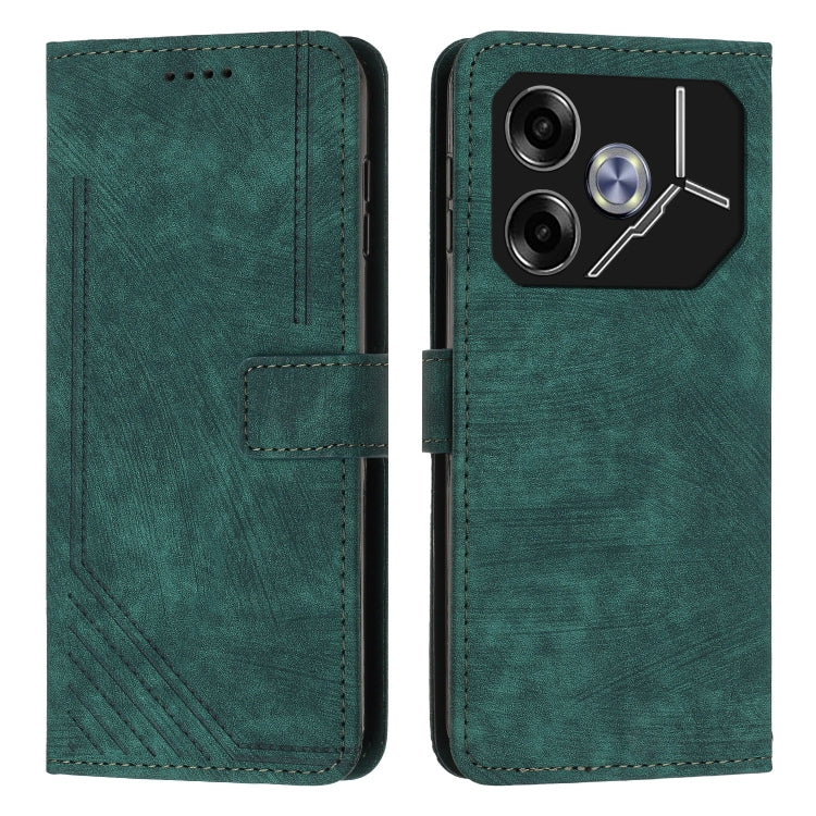 Green leather flip phone case with stripe pattern, card slot, and camera cutout