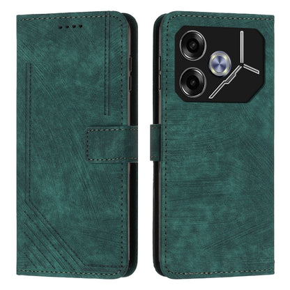 Green leather flip phone case with stripe pattern, card slot, and camera cutout