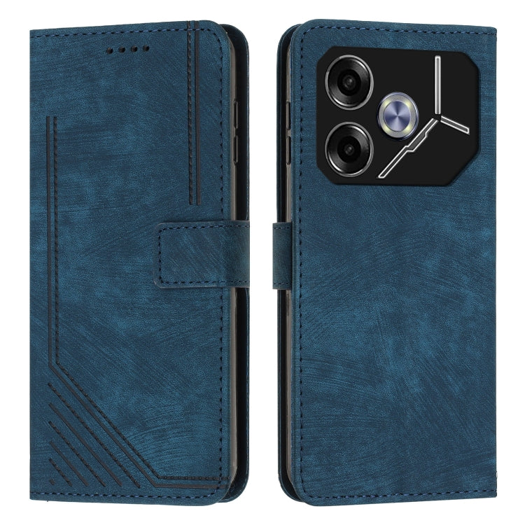 Blue leather flip phone case with stripe pattern, card slot, and camera cutout