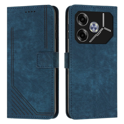 Blue leather flip phone case with stripe pattern, card slot, and camera cutout