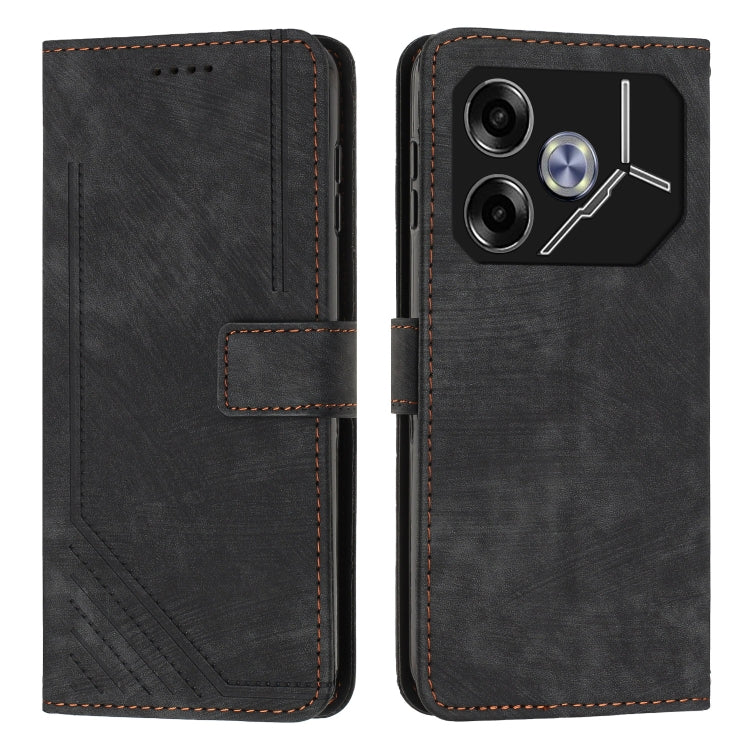 Black leather flip phone case with stripe pattern, card slot, and side camera cutout