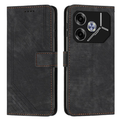 Black leather flip phone case with stripe pattern, card slot, and side camera cutout