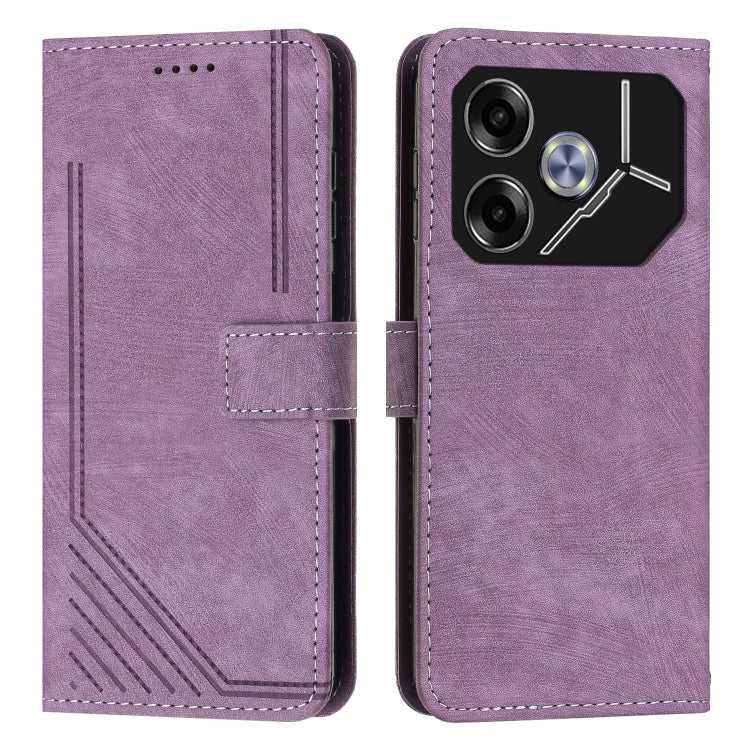 Purple leather flip phone case with stripe pattern, card slot, and side camera cutout