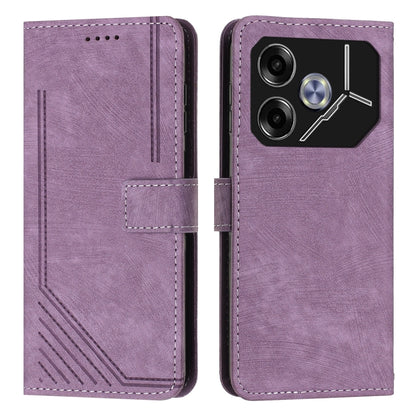 Purple leather flip phone case with stripe pattern, card slot, and side camera cutout