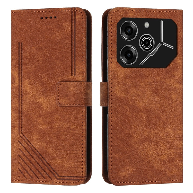 Brown leather phone case with stripe pattern, flip wallet style, stitched edges