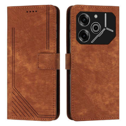 Brown leather phone case with stripe pattern, flip wallet style, stitched edges