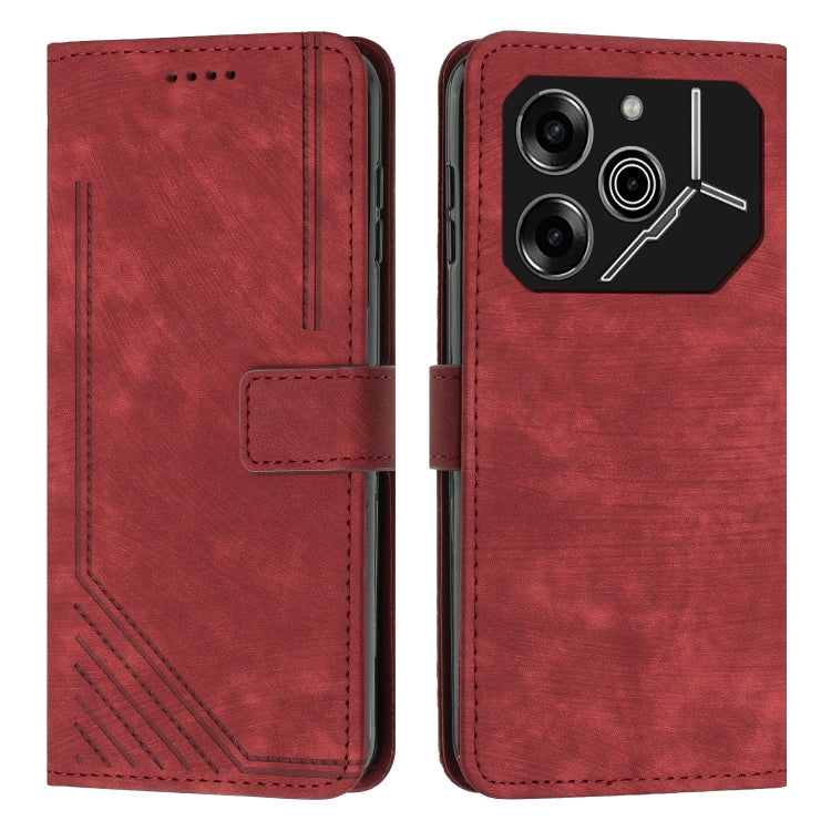 Red leather phone case with stripe pattern, flip wallet style and stitched trim
