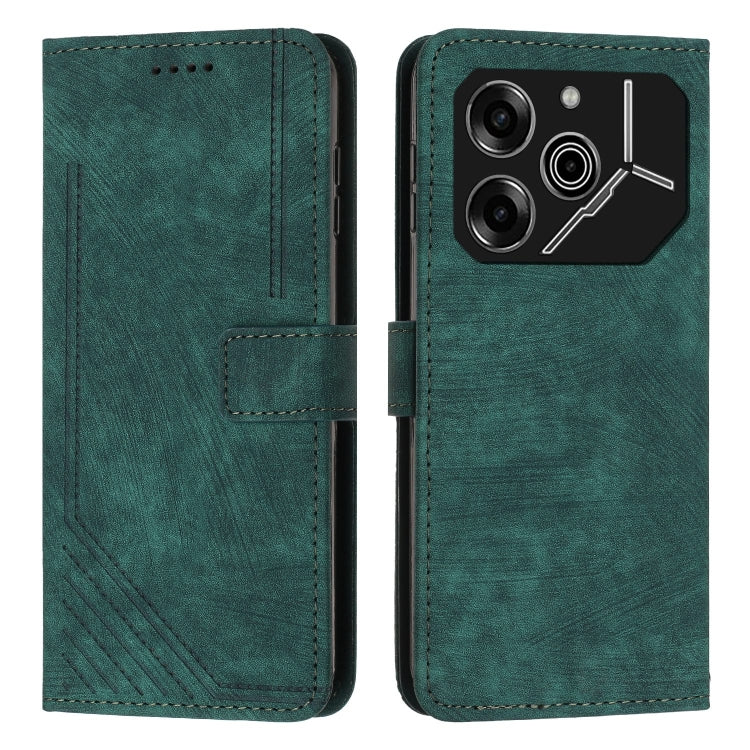 Green leather phone case with stripe pattern, flip wallet style with stitched details