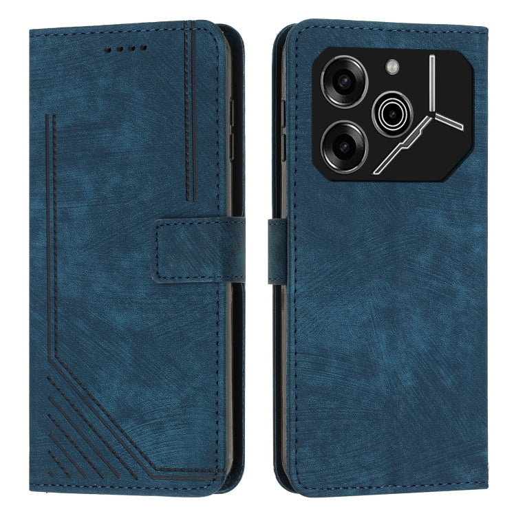 Blue leather phone case with stripe pattern, flip wallet style with stitched edges