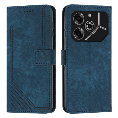 Blue leather phone case with stripe pattern, flip wallet style with stitched edges
