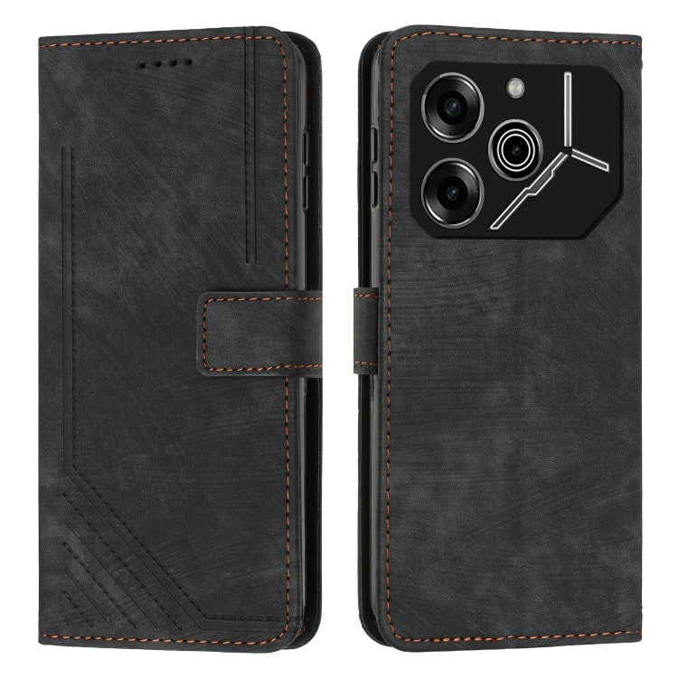 Black leather phone case with stripe pattern, flip wallet style and stitched trim