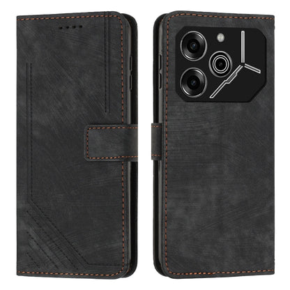 Black leather phone case with stripe pattern, flip wallet style and stitched trim