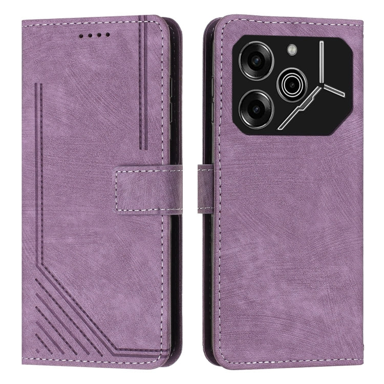 Purple leather phone case with stripe pattern, flip wallet style with stitched edges