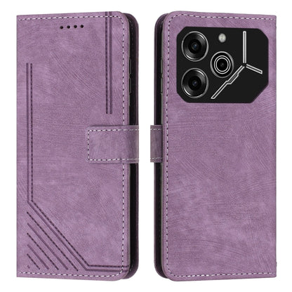 Purple leather phone case with stripe pattern, flip wallet style with stitched edges