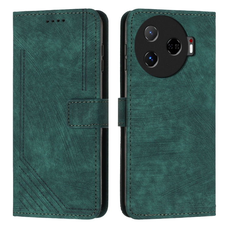 Green leather phone wallet case with diagonal stripe texture, card slots, and side flap.