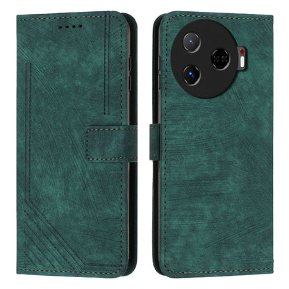 Green leather phone wallet case with diagonal stripe texture, card slots, and side flap.