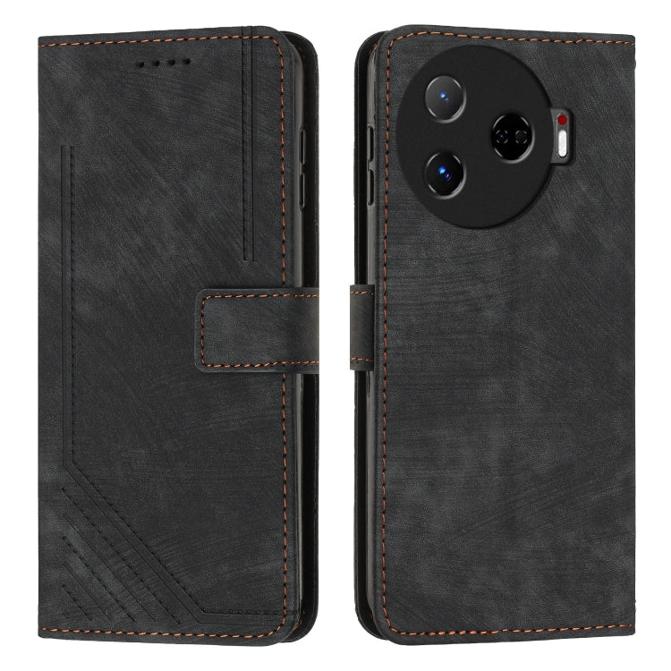 Black leather phone wallet case with diagonal stripe texture, card slots, and side flap.