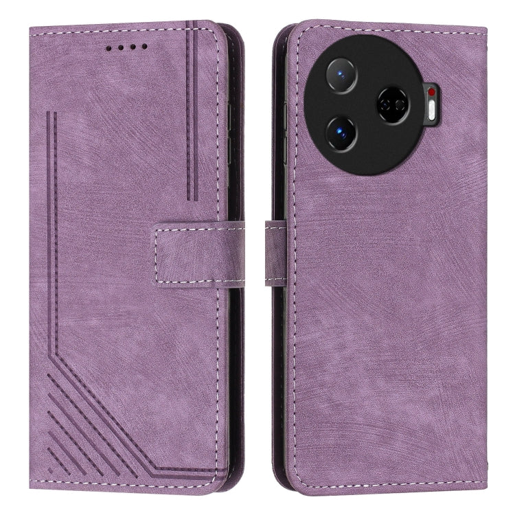 Purple leather phone wallet case with diagonal stripe texture, card slots, and side flap.
