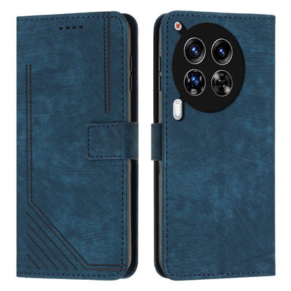 Blue leather phone wallet case with diagonal stripe texture, card slots, and side flap.