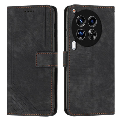 Black leather phone wallet case with diagonal stripe texture, card slots, and side flap.