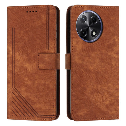 Brown leather phone case with stripe texture, flip cover, and triple-camera cutout