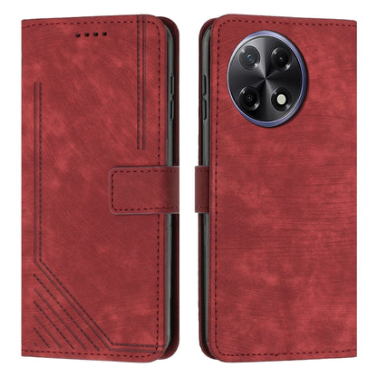 Red leather phone case with stripe texture, flip cover, and triple-camera cutout