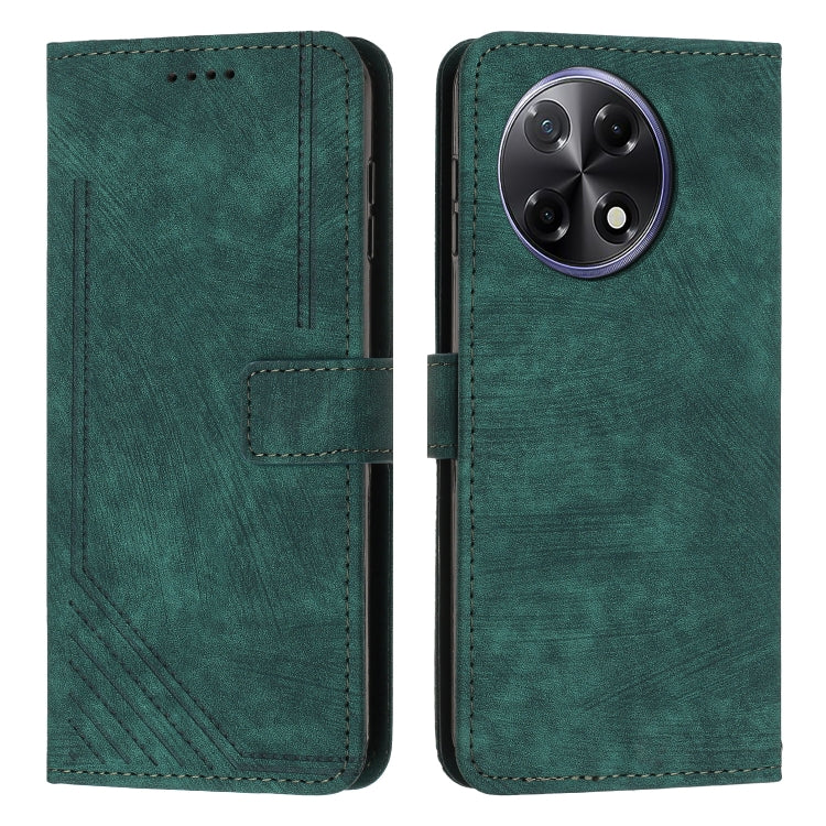 Green leather phone case with stripe texture, flip cover, and triple-camera cutout