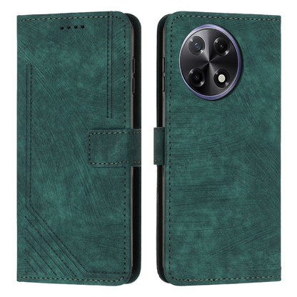 Green leather phone case with stripe texture, flip cover, and triple-camera cutout