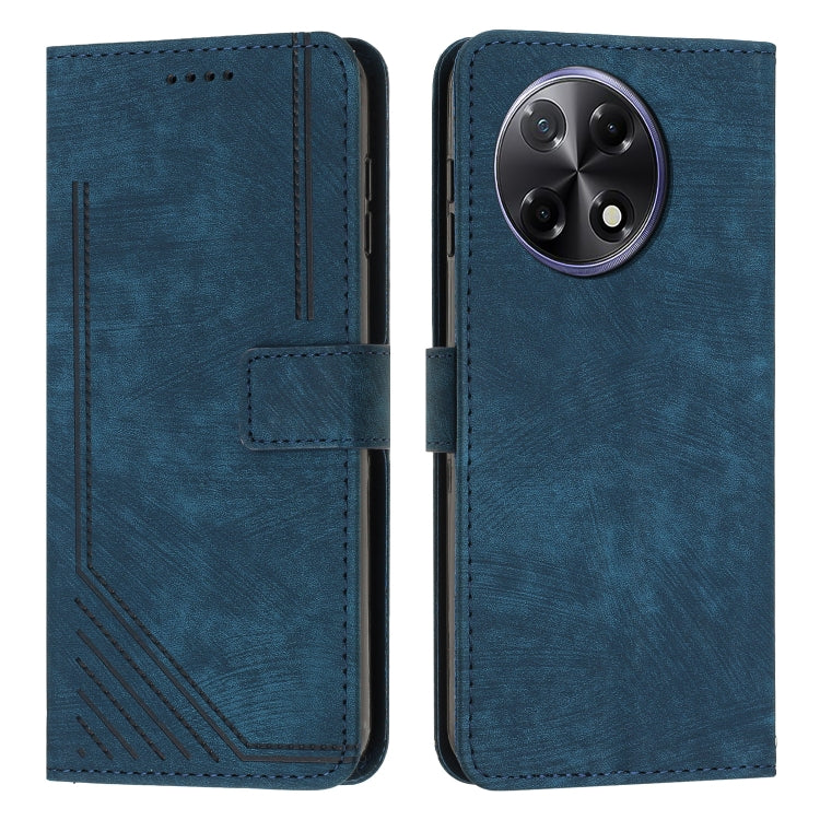 Blue leather phone case with stripe texture, flip cover, and triple-camera cutout