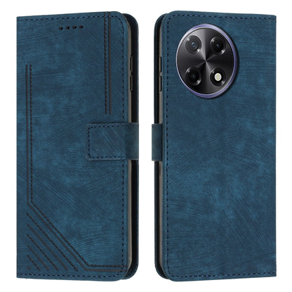 Blue leather phone case with stripe texture, flip cover, and triple-camera cutout