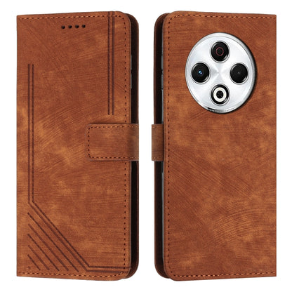 Brown leather-look flip phone case with stripe pattern, card slots, and camera cutout