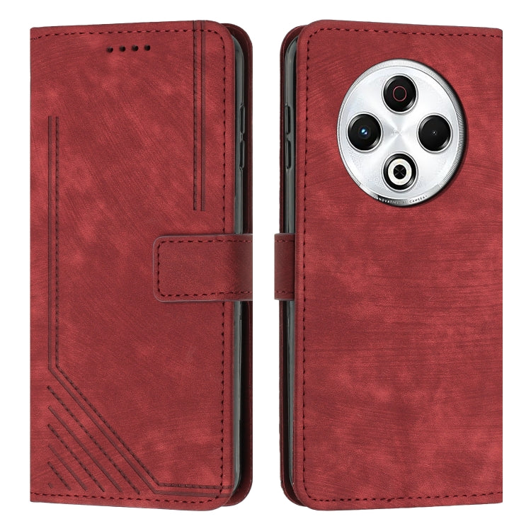 Red leather-look flip phone case with stripe pattern, card slots, and camera cutout