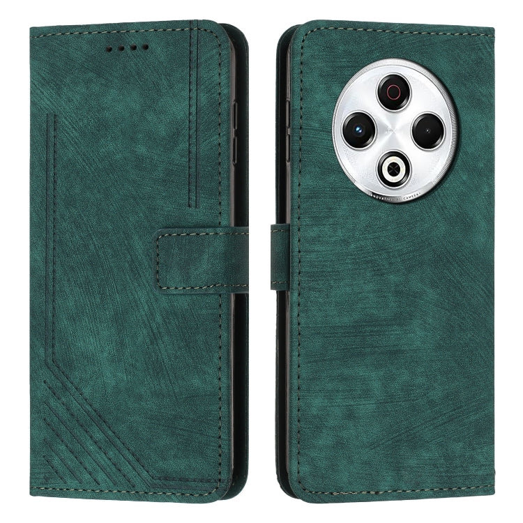 Green leather-look flip phone case showing camera cutout and stitched card holder