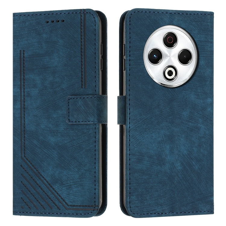 Blue leather-look flip phone case showing camera cutout and stitched card holder