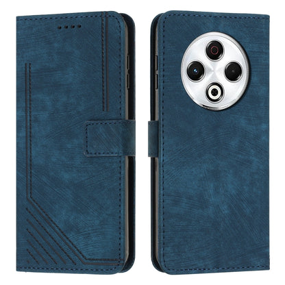 Blue leather-look flip phone case showing camera cutout and stitched card holder
