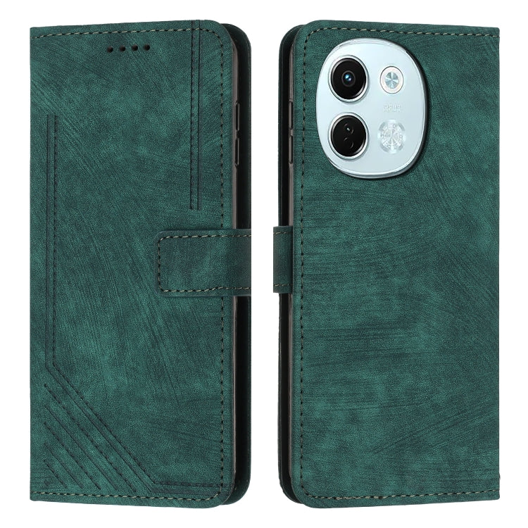 Green leather-look flip phone case with stripe pattern, card slots, and camera cutout