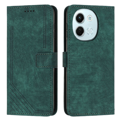 Green leather-look flip phone case with stripe pattern, card slots, and camera cutout