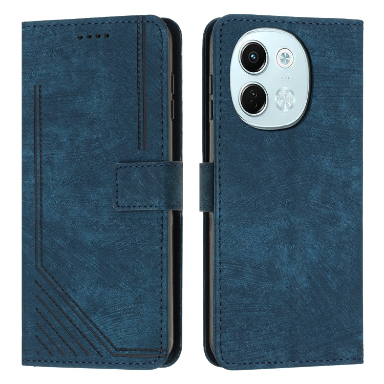 Blue leather-look flip phone case with stripe pattern, card slots, and camera cutout