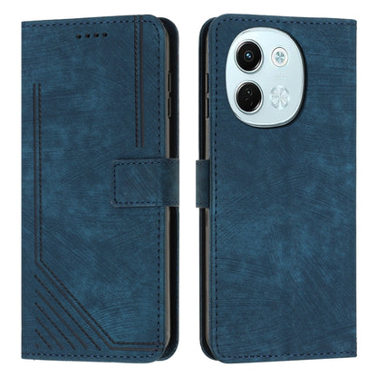 Blue leather-look flip phone case with stripe pattern, card slots, and camera cutout