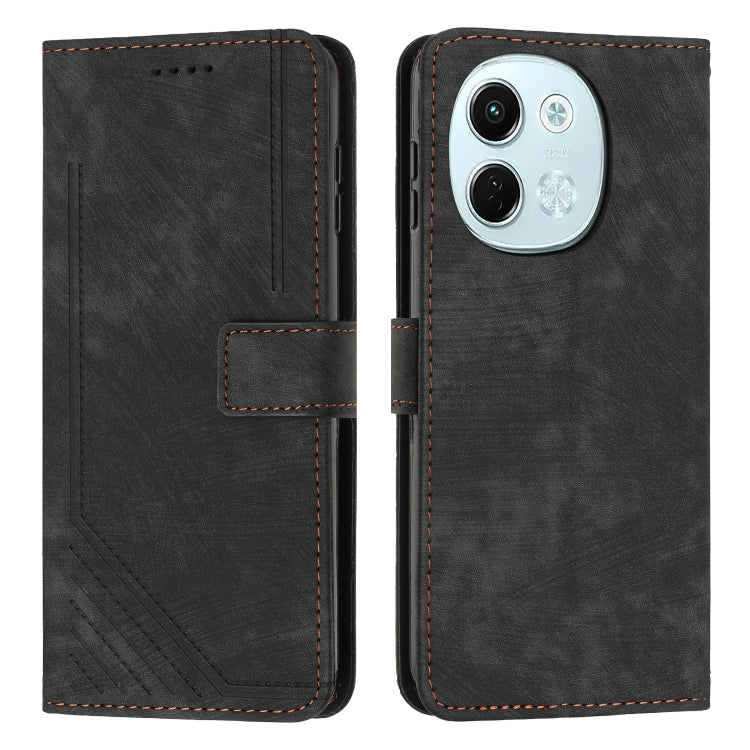 Dark gray leather-look flip phone case with stripe pattern, card slots, and camera cutout