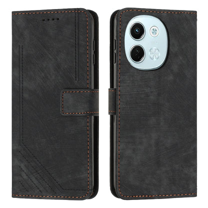 Dark gray leather-look flip phone case with stripe pattern, card slots, and camera cutout