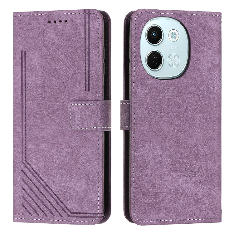 Purple leather-look flip phone case with stripe pattern, card slots, and camera cutout