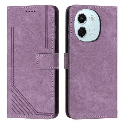Purple leather-look flip phone case with stripe pattern, card slots, and camera cutout